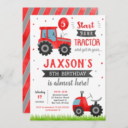 Red Tractor Birthday Party Invitation Kaart (Voorkant / Achterkant)