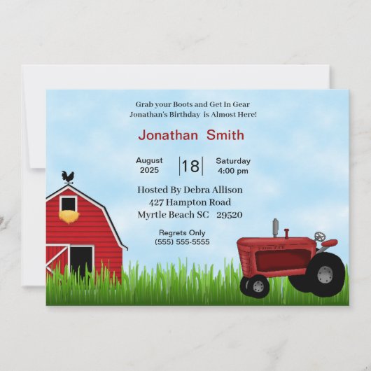 Red Tractor Birthday Party Invitation Kaart (Voorkant)
