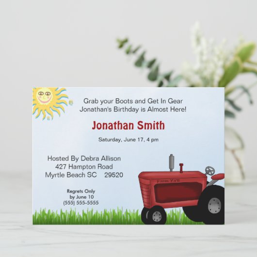 Red Tractor Birthday Party Invitation Kaart (Staand voorkant)