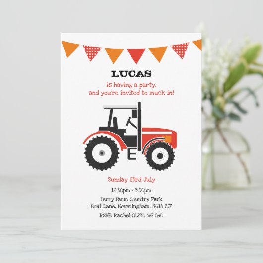 Red Tractor Birthday Party nodigt uit Kaart (Staand voorkant)