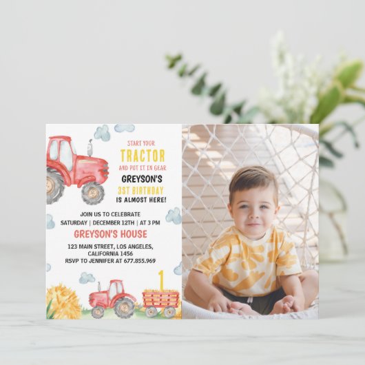 Red Tractor Boerderij Verjaardagsfeestuitnodiging Kaart (Staand voorkant)