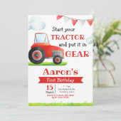 Red Tractor Boy Birthday Invitation Kaart (Staand voorkant)