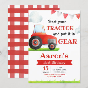 Red Tractor Boy Birthday Invitation Kaart