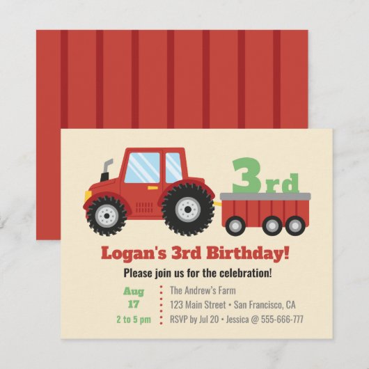 Red Tractor en Cart Kids Birthday Party Kaart (Voorkant / Achterkant)