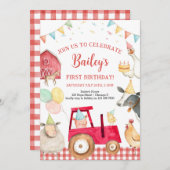 Red Tractor Farm Dieren Barnyard 1e verjaardag Kaart (Voorkant / Achterkant)
