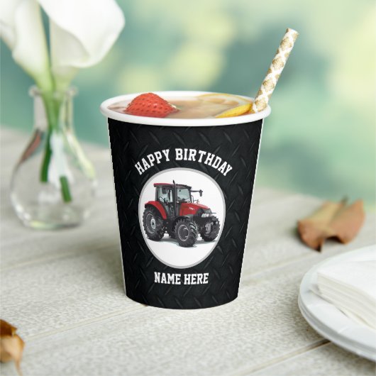 Red Tractor Farming Happy Birthday Name Equipment Papieren Bekers (Insitu)