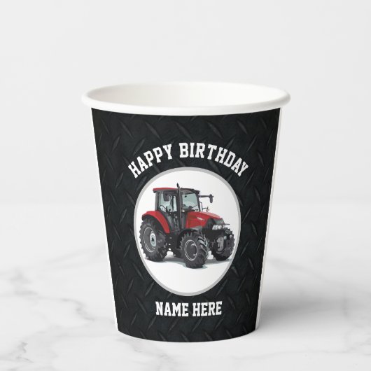 Red Tractor Farming Happy Birthday Name Equipment Papieren Bekers (Achterkant)