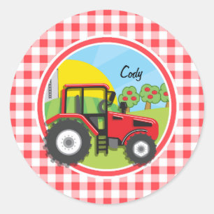 Red Tractor op Red en White Gingham Ronde Sticker