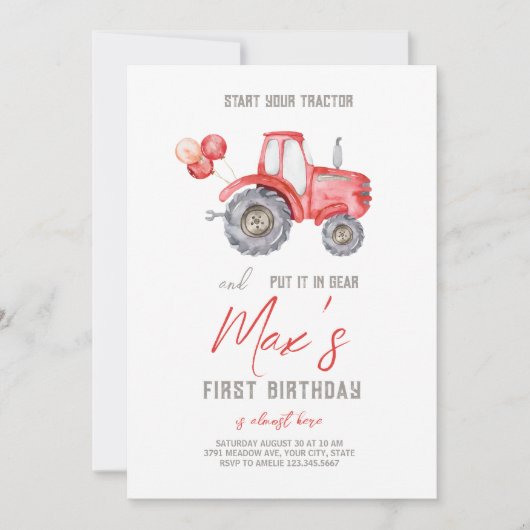 Red Tractor thema Verjaardag uitnodiging (Voorkant)