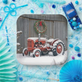Red Tractor With Christmas Wreath Papieren Bordje (Feest)