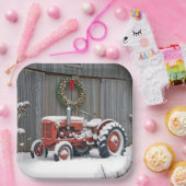 Red Tractor With Christmas Wreath Papieren Bordje (Feest)
