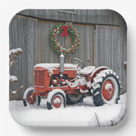Red Tractor With Christmas Wreath Papieren Bordje