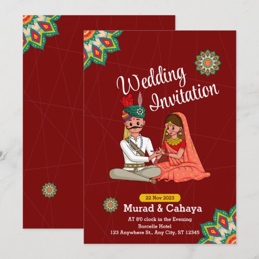 Red Traditional Indian Wedding Invitation Kaart (Voorkant / Achterkant)