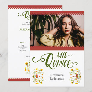 Red Traditional Mexican Floral Foto Quinceanera Kaart