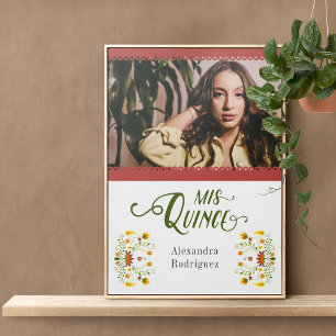 Red Traditional Mexican Floral Foto Quinceanera Poster
