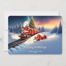 Red Train Christmas Tree Holiday Card