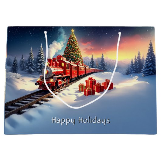 Red Train Christmas Tree Holiday Gift Bag Groot Cadeauzakje (Voorkant)