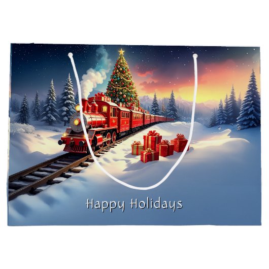 Red Train Christmas Tree Holiday Gift Bag Groot Cadeauzakje (Achterkant)