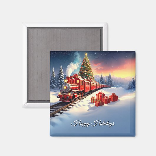 Red Train Christmas Tree Holiday Magnet (Voorkant / Achterkant)