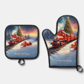Red Train Christmas Tree Holiday Ovenwant & Pannenlap Set (Voorkant)
