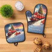 Red Train Christmas Tree Holiday Ovenwant & Pannenlap Set (Top down)