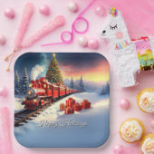 Red Train Christmas Tree Holiday Paper Plate Papieren Bordje (Feest)