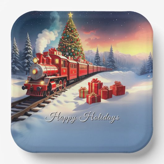 Red Train Christmas Tree Holiday Paper Plate Papieren Bordje (Voorkant)