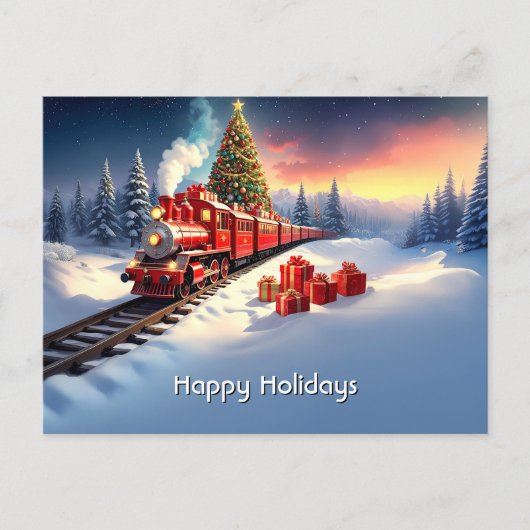 Red Train Christmas Tree Holiday Postcard Briefkaart (Voorkant)