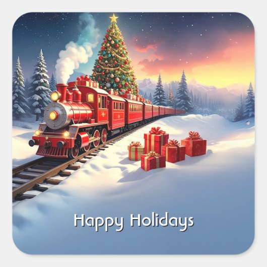 Red Train Christmas Tree Holiday Sticker (Voorkant)