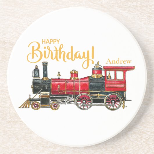 Red Train Happy Birthday Sandstone Onderzetter (Voorkant)