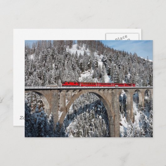 Red Train Pine Snow Covering Mountains Zwitserland Briefkaart (Voorkant / Achterkant)