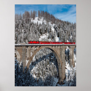 Red Train Pine Snow Covering Mountains Zwitserland Poster