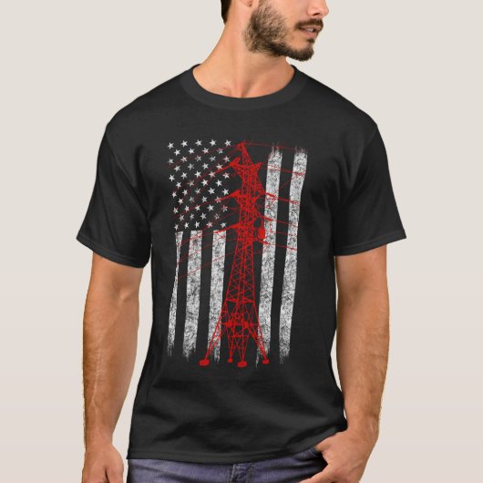 Red Transmission Tower American Flag Lineman Elect T-shirt (Voorkant)