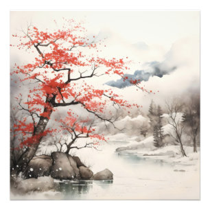 Red Tree Ink Painting Foto Afdruk