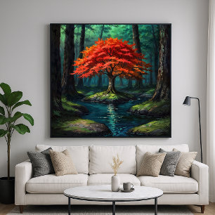 Red Tree - Levendige Natuur Illustratiestijl Poster