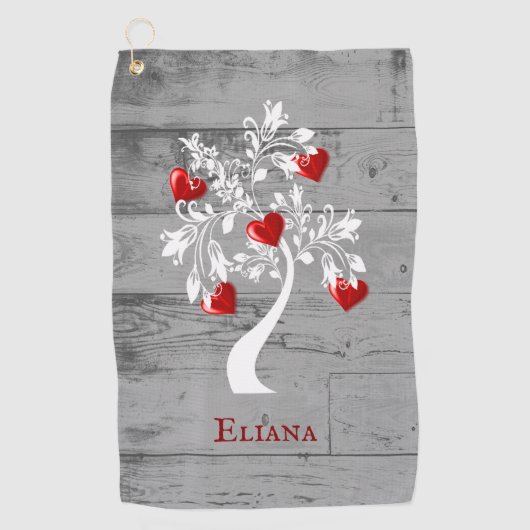 Red Tree of Hearts Personalized Golf Towel Golfhanddoek (Voorkant)