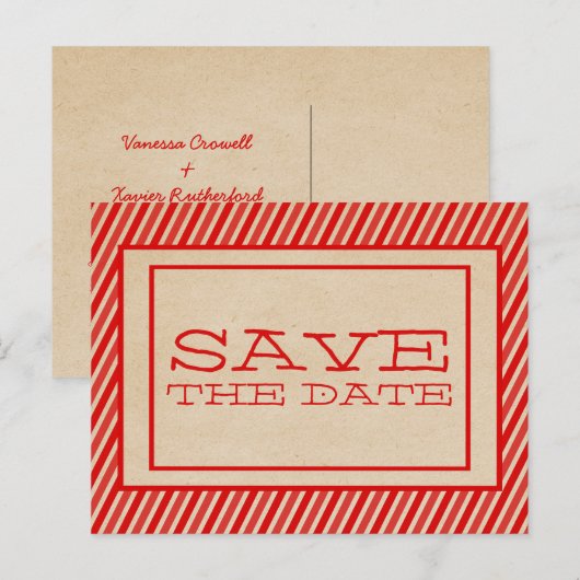 Red Trendy Stripes Save the Date Briefkaart (Voorkant / Achterkant)