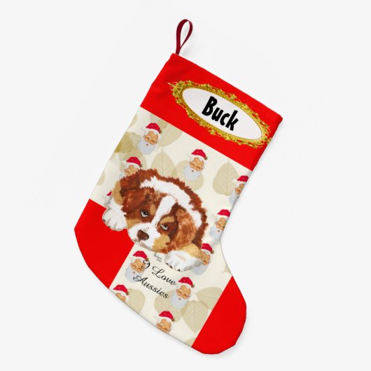 Red Tri Aussie Puppy w/Santa Stocking Kleine Kerstsok (Voorkant (Hangend))
