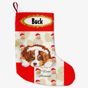 Red Tri Aussie Puppy w/Santa Stocking Kleine Kerstsok