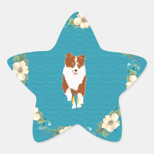 Red Tri running Aussie op Blauwgroen Floral Ster Sticker (Voorkant)
