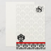 Red Trim Black Damask Monogram Briefpapier (Voorkant / Achterkant)