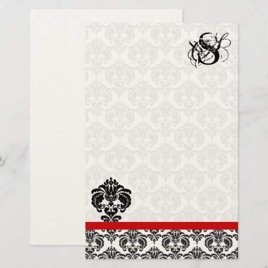 Red Trim Black Damask Monogram Briefpapier (Voorkant / Achterkant)