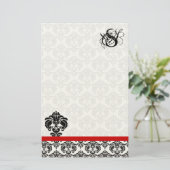 Red Trim Black Damask Monogram Briefpapier (Staand voorkant)