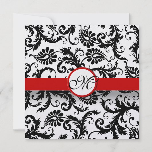 Red Trim Black Damask Swirls Wedding Invitation Kaart (Achterkant)