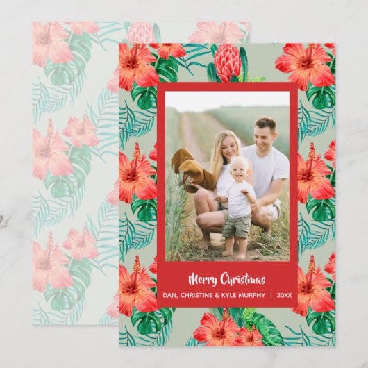 Red Tropical Floral kerstfoto Feestdagenkaart (Voorkant / Achterkant)