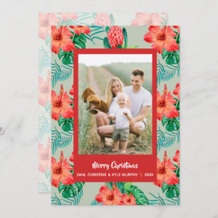 Red Tropical Floral kerstfoto Feestdagenkaart