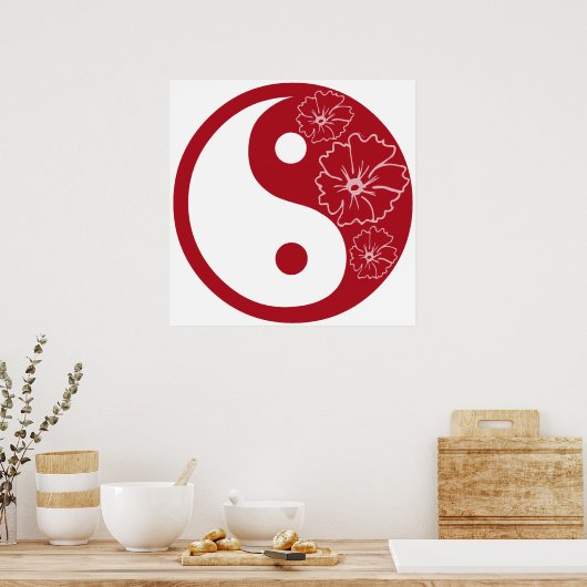 Red Tropical Flower Yin Yang Symbol Poster (Keuken)