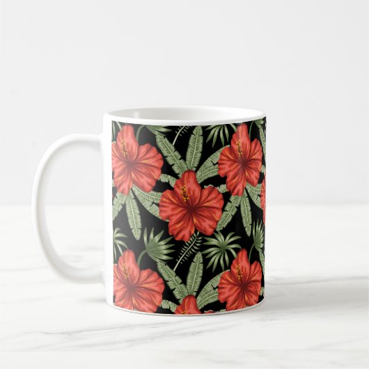 Red tropical flowers seamless pattern green leaves koffiemok (Links)