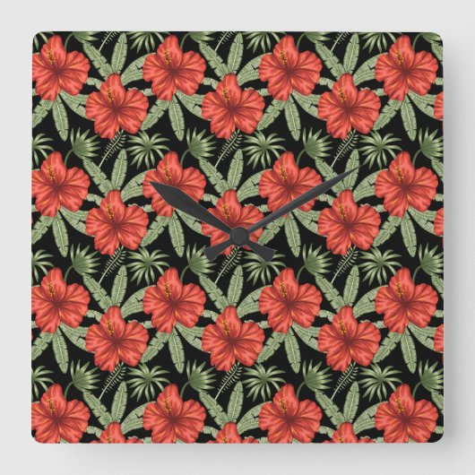 Red tropical flowers seamless pattern green leaves vierkante klok (Voorkant)