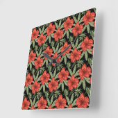 Red tropical flowers seamless pattern green leaves vierkante klok (Hoek)